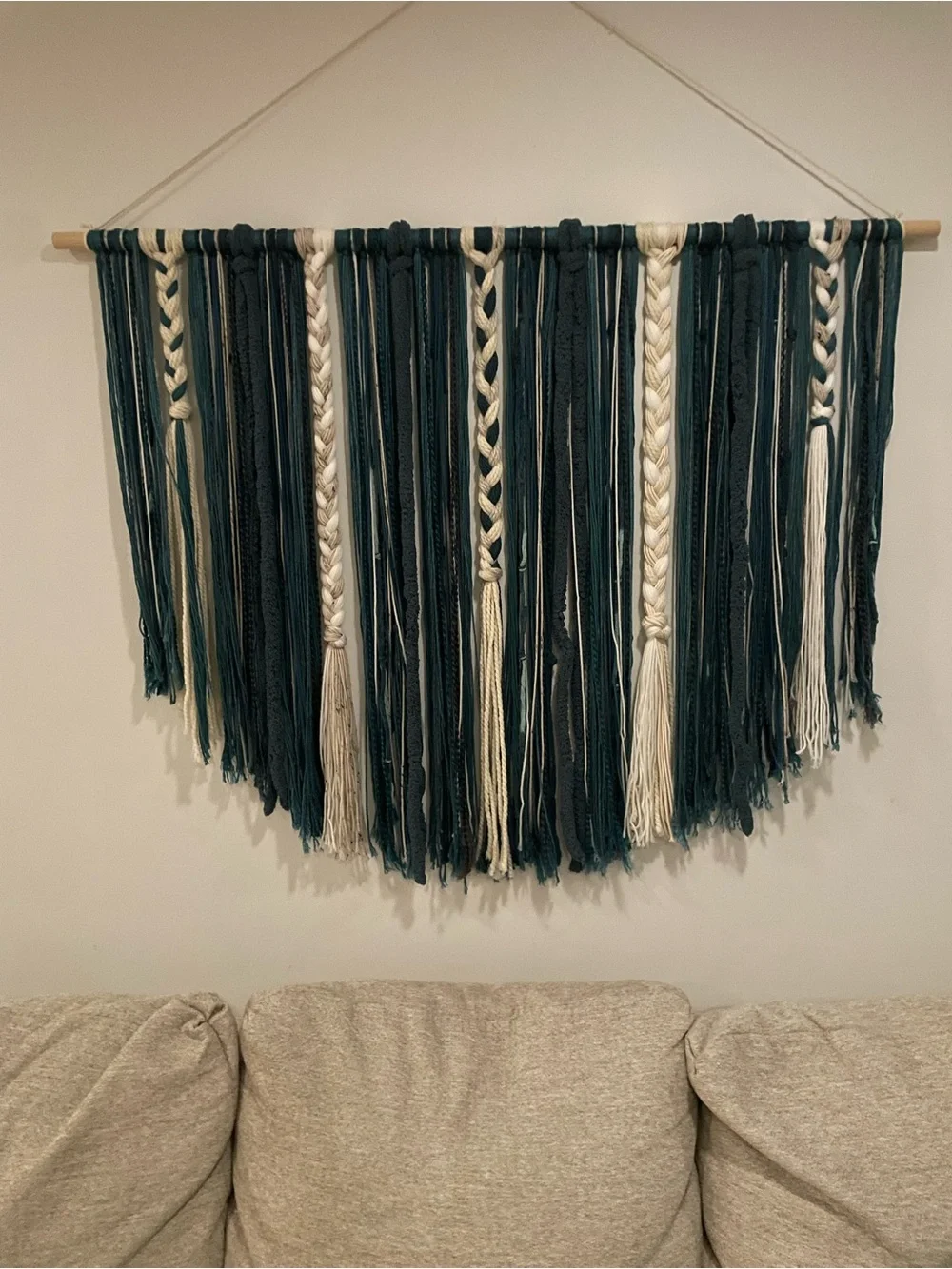 Handmade Teal and Cream Macramé Wall Hanging